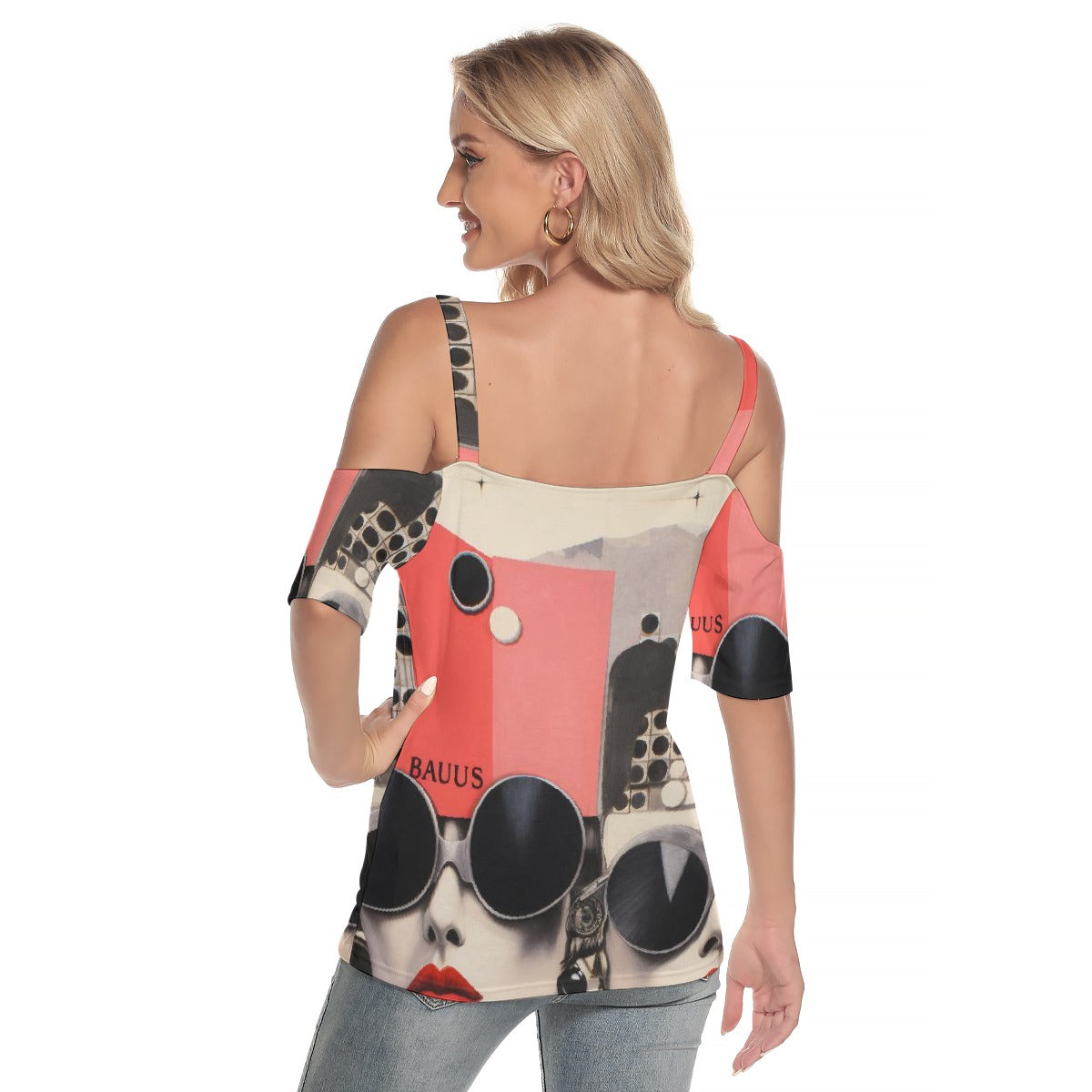 All-Over Print Women's Cold Shoulder T-shirt With Criss Cross Strips