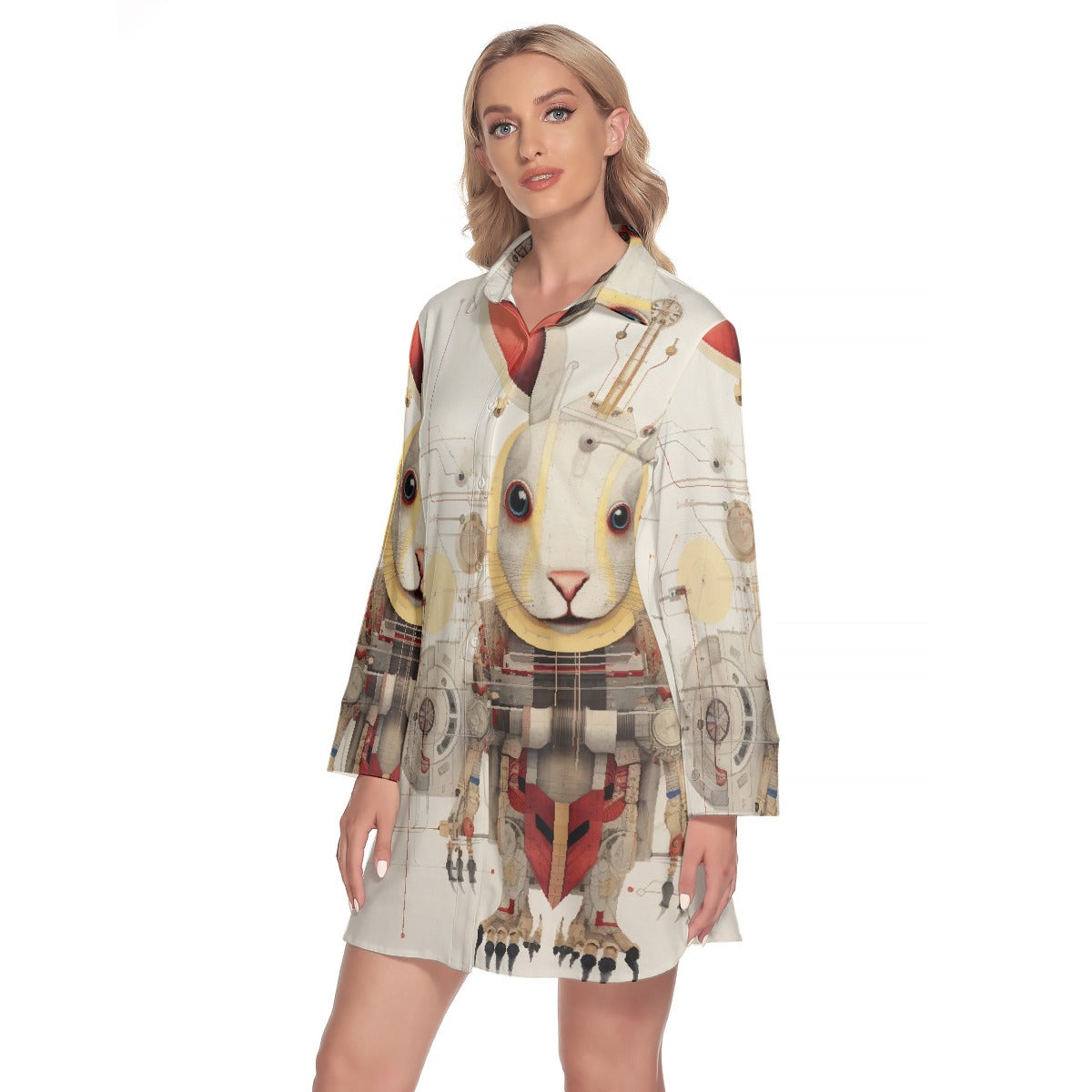 All-Over Print Women's Lapel Shirt Dress With Long Sleeve