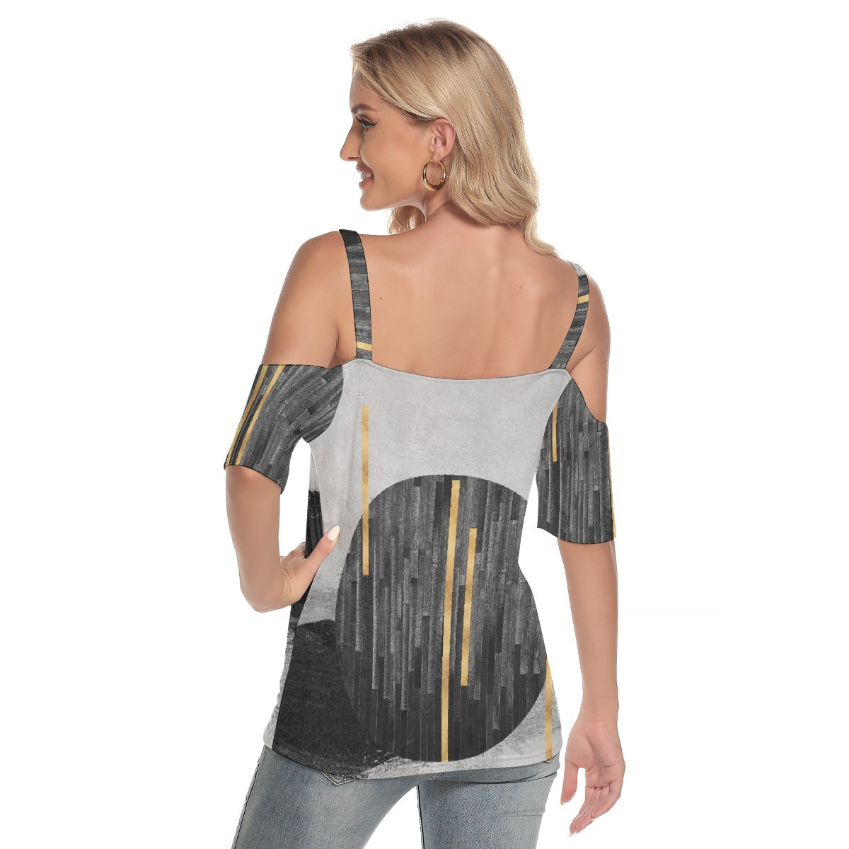 All-Over Print Women's Cold Shoulder T-shirt With Criss Cross Strips