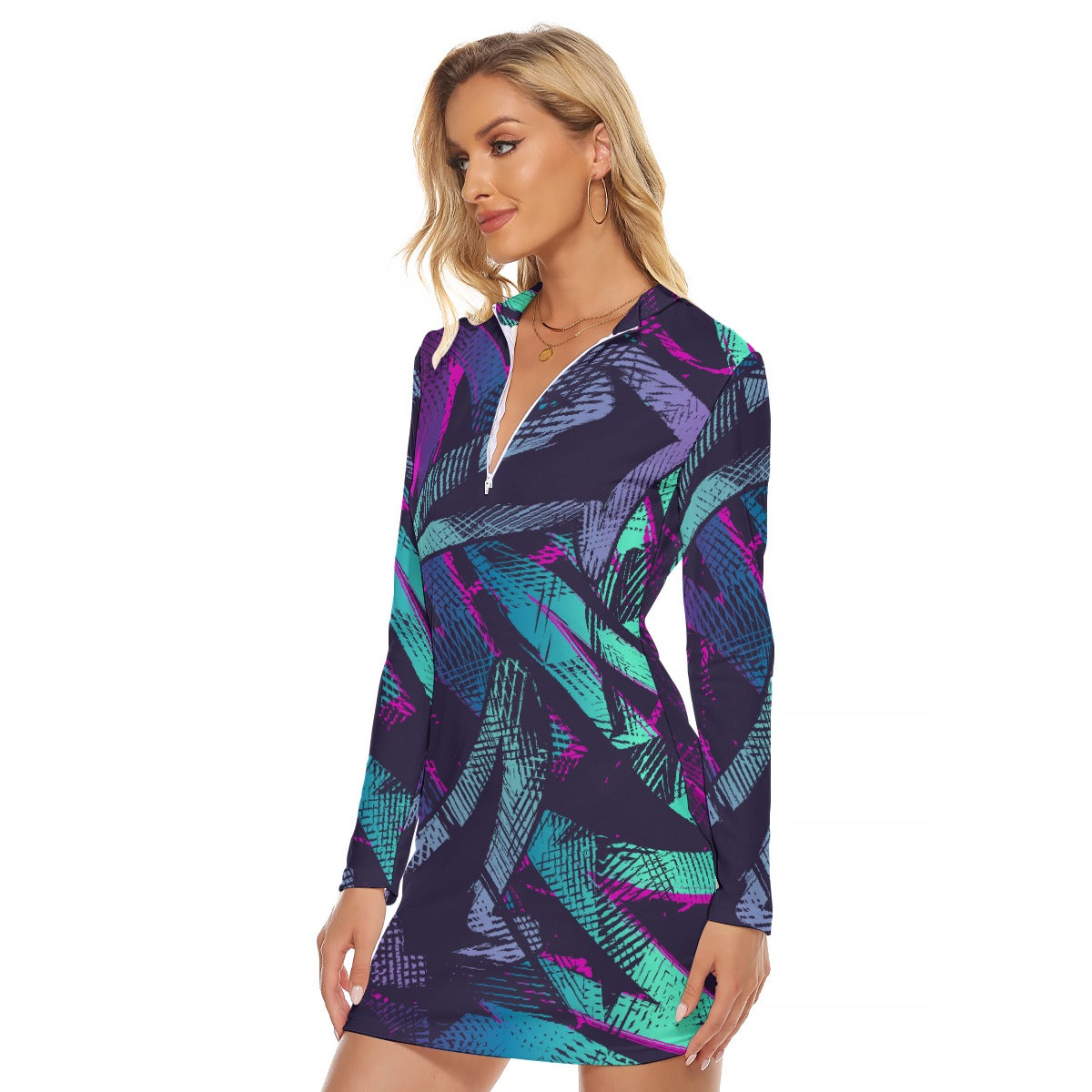 All-Over Print Women's Zip Front Tight Dress