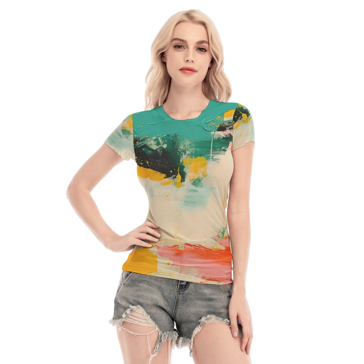 All-Over Print Women's Short Sleeve Mesh Blouse