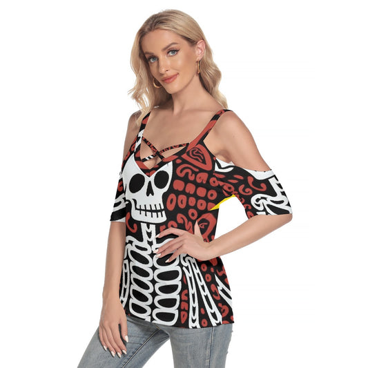 All-Over Print Women's Cold Shoulder T-shirt With Criss Cross Strips