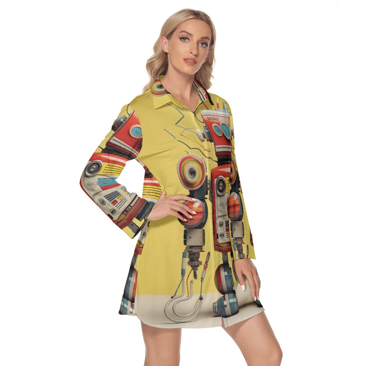 All-Over Print Women's Lapel Shirt Dress With Long Sleeve