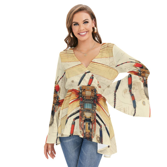 All-Over Print Women's V-neck Blouse With Flared Sleeves