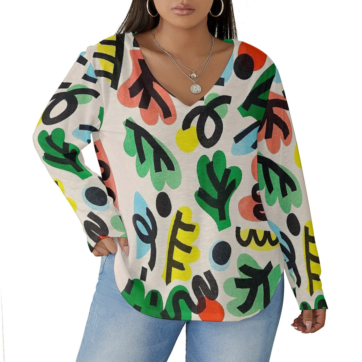 All-Over Print Women's V-neck T-shirt With Curved Hem(Plus Size)