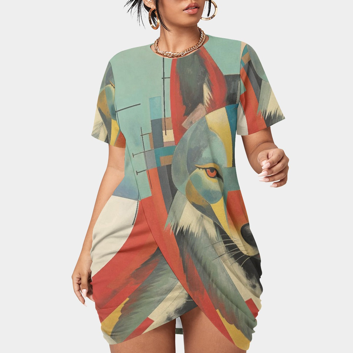 All-Over Print Women’s Stacked Hem Dress With Short Sleeve（Plus Size）