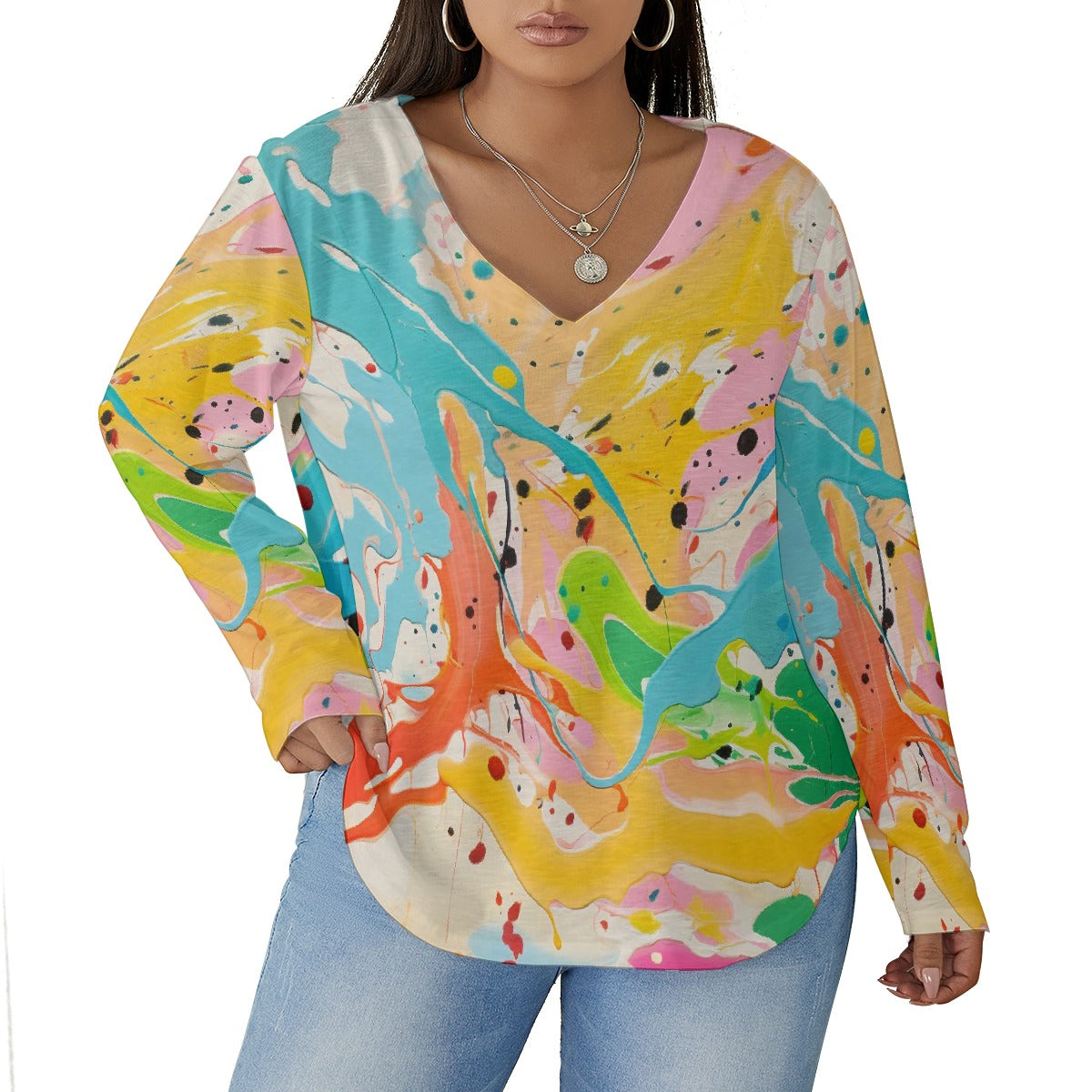 All-Over Print Women's V-neck T-shirt With Curved Hem(Plus Size)