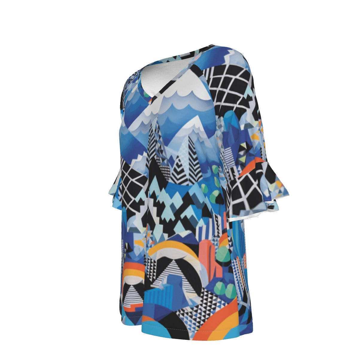 All-Over Print V-neck Women's T-shirt With Bell Sleeve