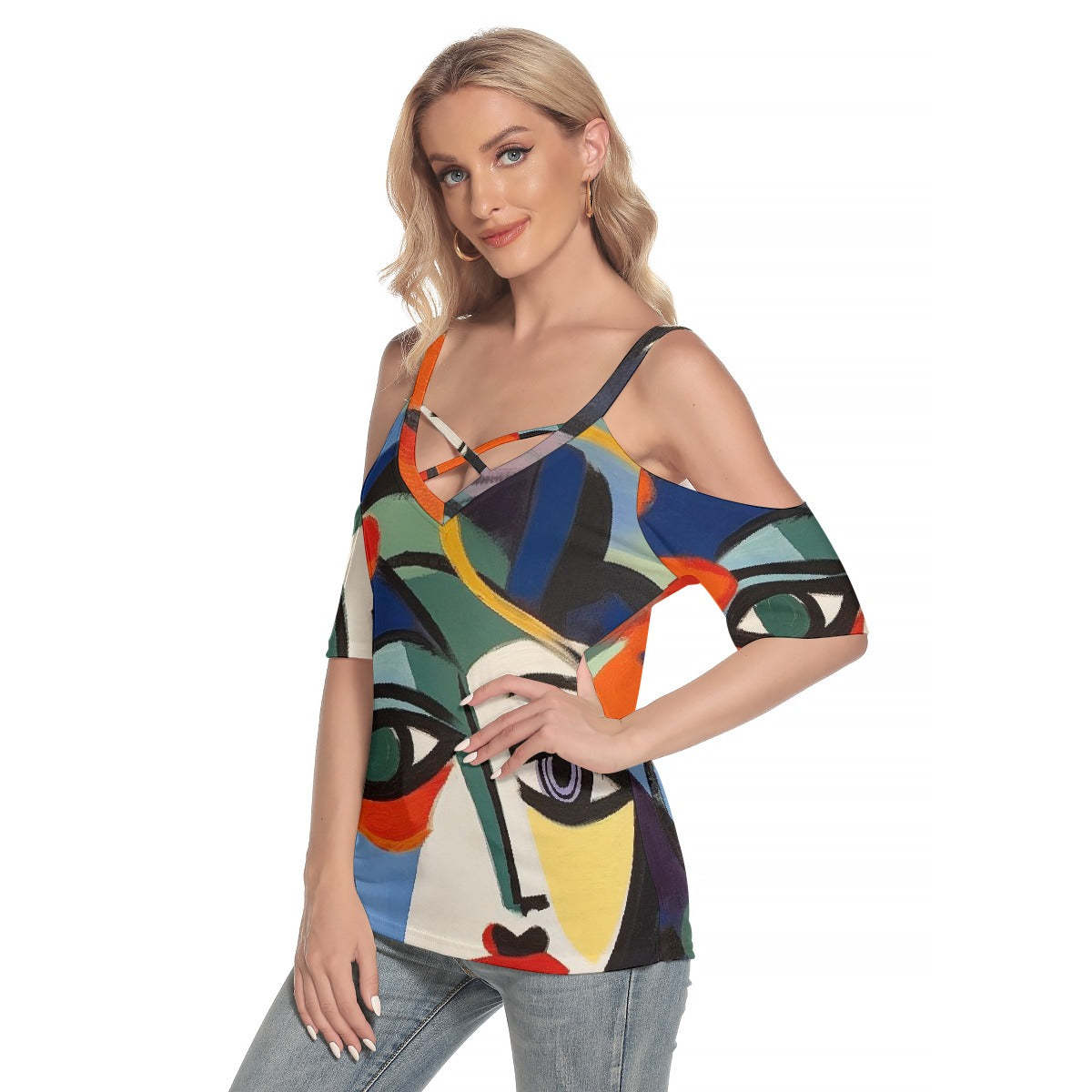 All-Over Print Women's Cold Shoulder T-shirt With Criss Cross Strips