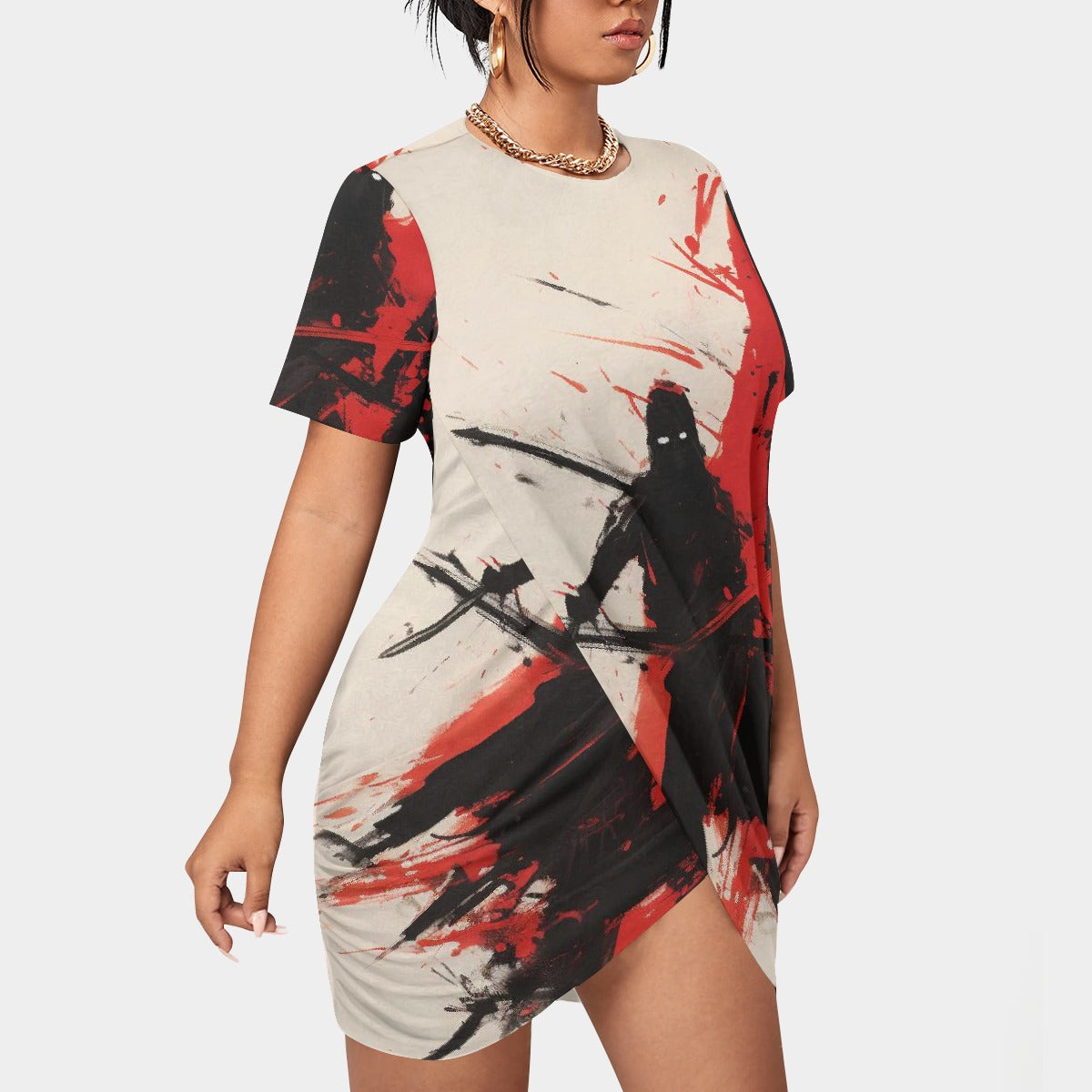 All-Over Print Women’s Stacked Hem Dress With Short Sleeve（Plus Size）