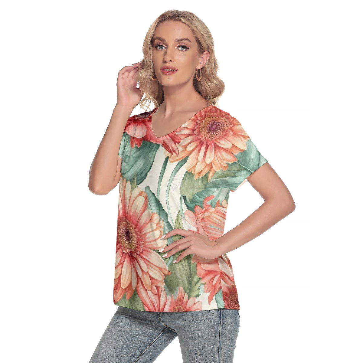 All-Over Print Women's Loose V-neck Short Sleeve T-shirt