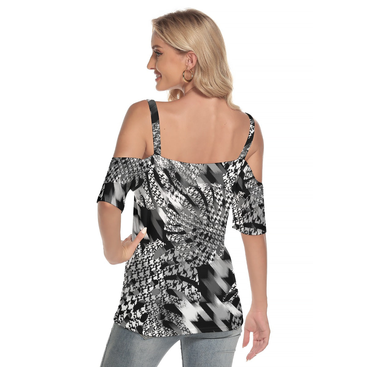 All-Over Print Women's Cold Shoulder T-shirt With Criss Cross Strips