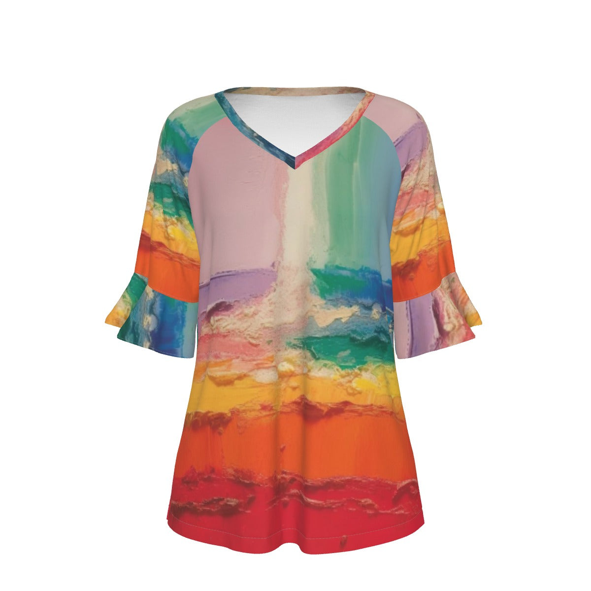 All-Over Print V-neck Women's T-shirt With Bell Sleeve