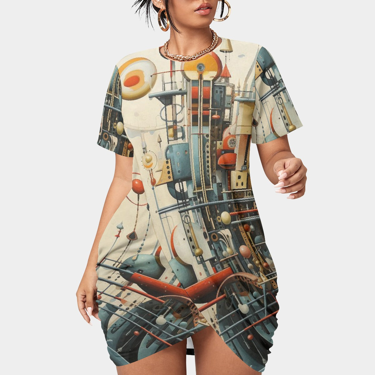 All-Over Print Women’s Stacked Hem Dress With Short Sleeve（Plus Size）