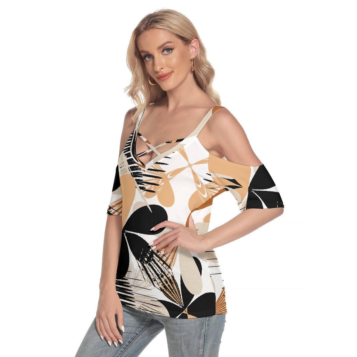 All-Over Print Women's Cold Shoulder T-shirt With Criss Cross Strips