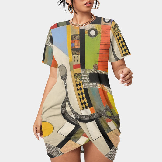 All-Over Print Women’s Stacked Hem Dress With Short Sleeve（Plus Size）