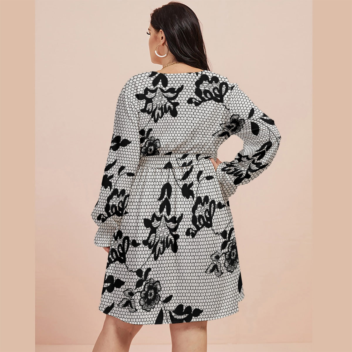 All-Over Print Women's V-neck Dress With Waistband(Plus Size)