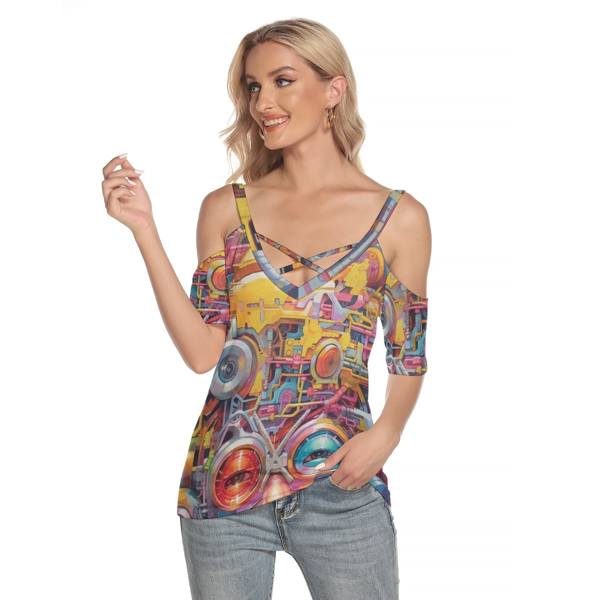 All-Over Print Women's Cold Shoulder T-shirt With Criss Cross Strips