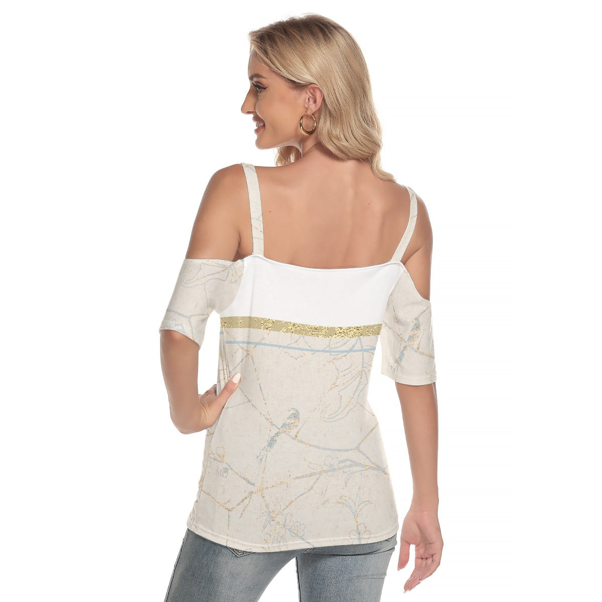 All-Over Print Women's Cold Shoulder T-shirt With Criss Cross Strips