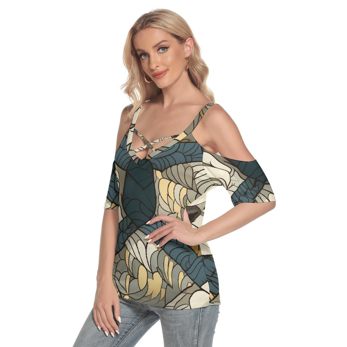 All-Over Print Women's Cold Shoulder T-shirt With Criss Cross Strips