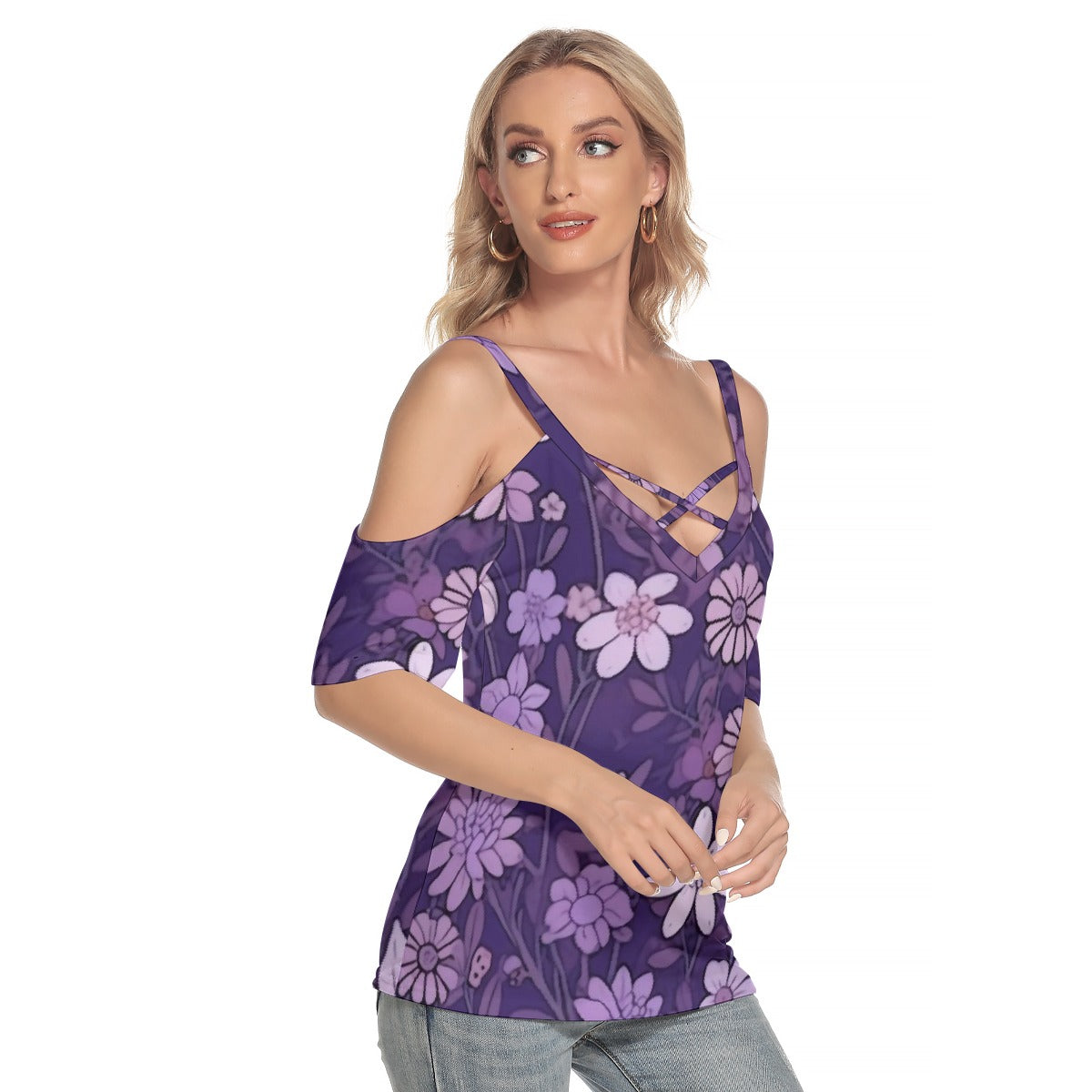 All-Over Print Women's Cold Shoulder T-shirt With Criss Cross Strips