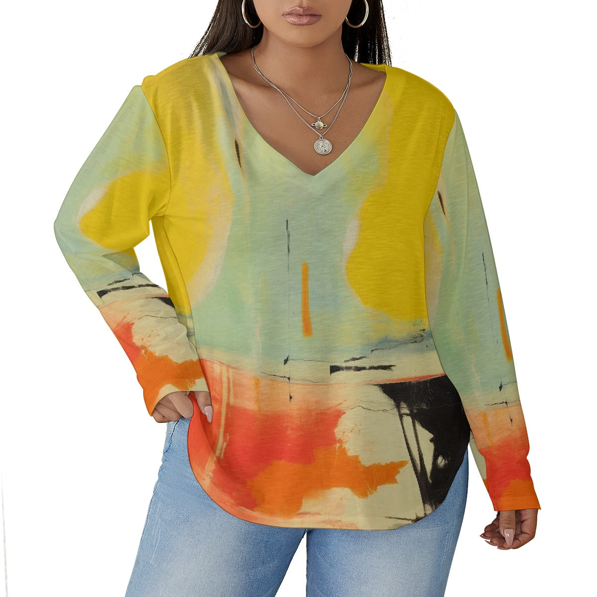 All-Over Print Women's V-neck T-shirt With Curved Hem(Plus Size)