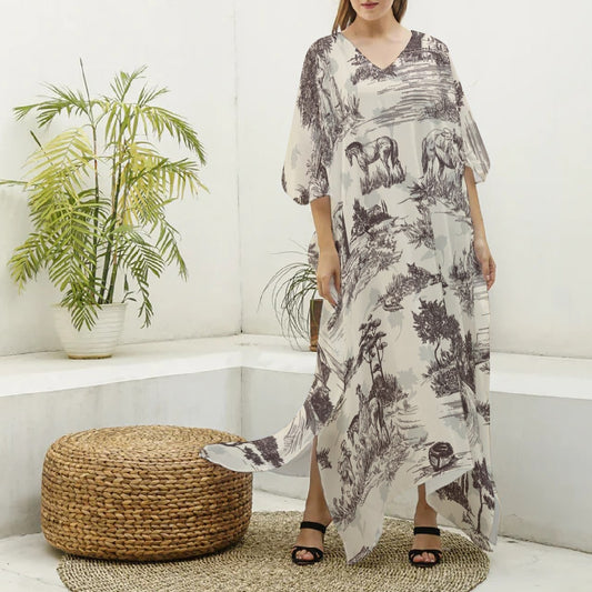 All-Over Print Women's Imitation Silk V-neck Kaftan Robe