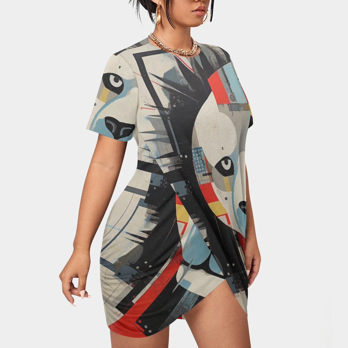 All-Over Print Women’s Stacked Hem Dress With Short Sleeve（Plus Size）