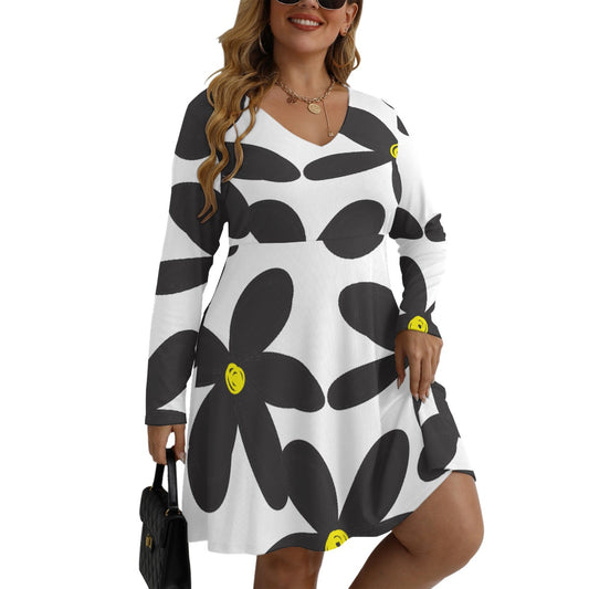 All-Over Print Women's V-neck Long Sleeve Dress(Plus Size)