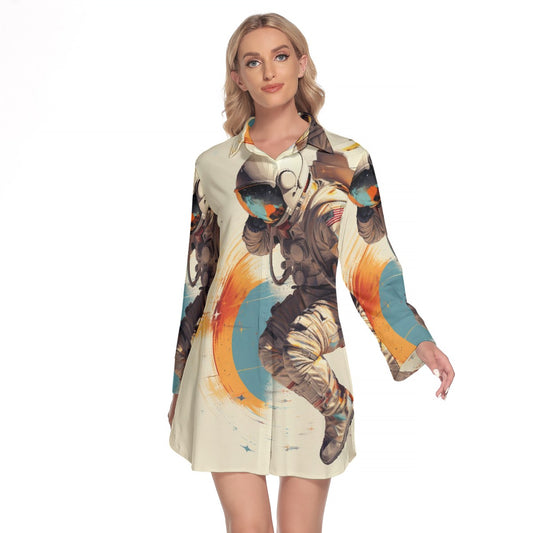 All-Over Print Women's Lapel Shirt Dress With Long Sleeve