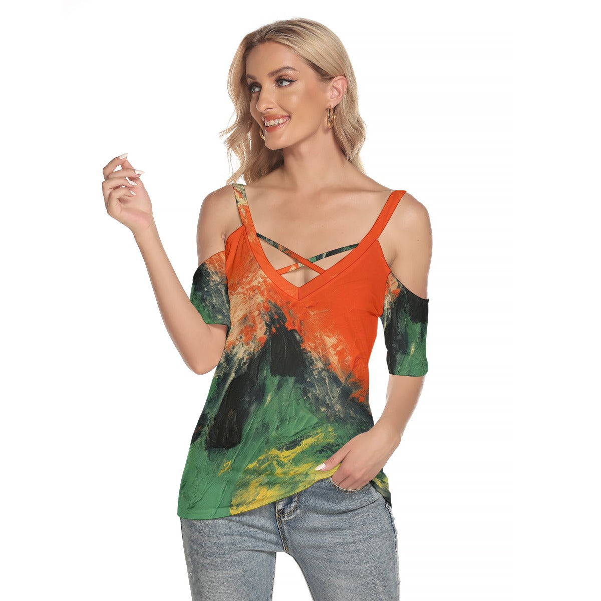 All-Over Print Women's Cold Shoulder T-shirt With Criss Cross Strips