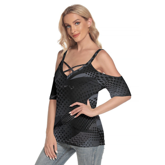 All-Over Print Women's Cold Shoulder T-shirt With Criss Cross Strips