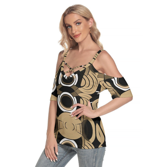 All-Over Print Women's Cold Shoulder T-shirt With Criss Cross Strips