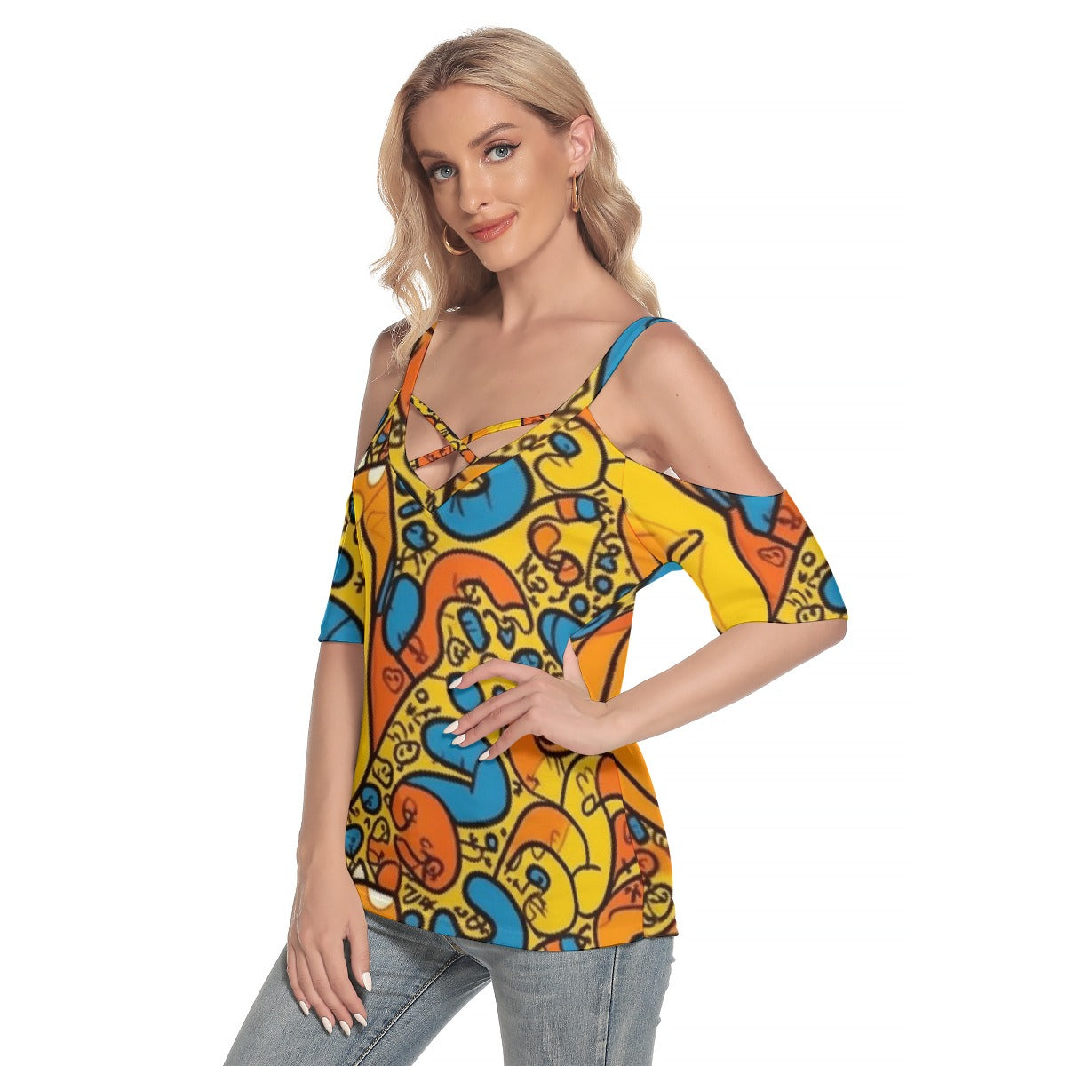 All-Over Print Women's Cold Shoulder T-shirt With Criss Cross Strips