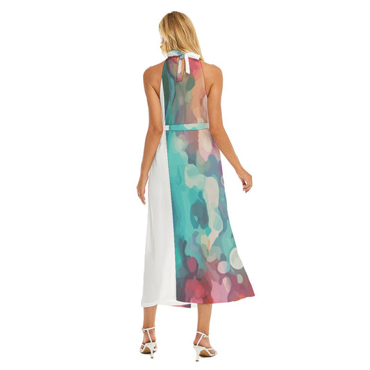 All-Over Print Women's Wrap Hem Belted Halter Dress