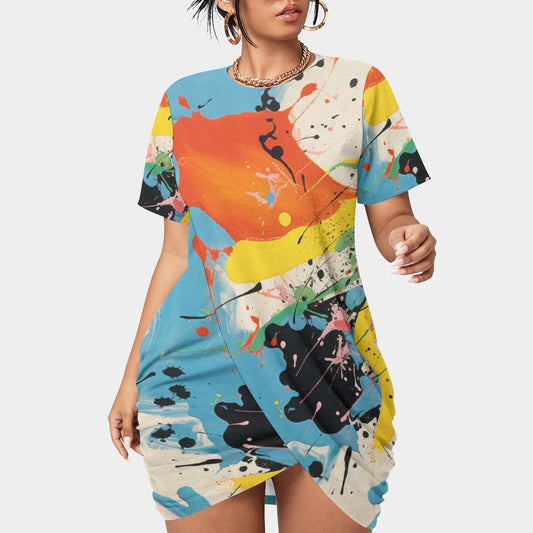 All-Over Print Women’s Stacked Hem Dress With Short Sleeve（Plus Size）