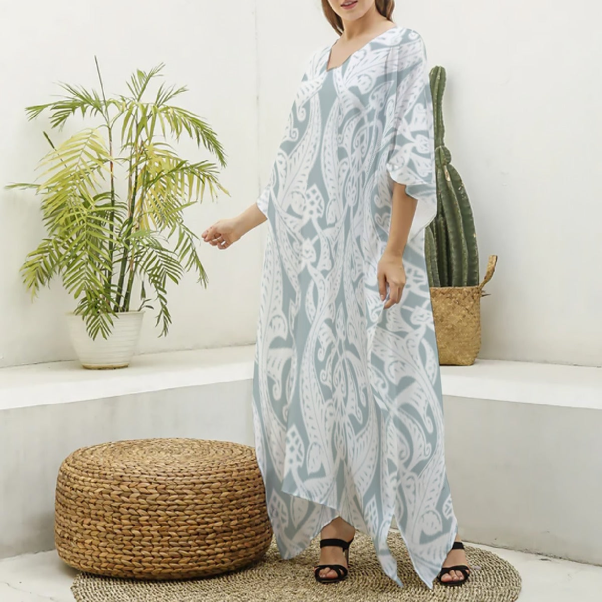 All-Over Print Women's Imitation Silk V-neck Kaftan Robe