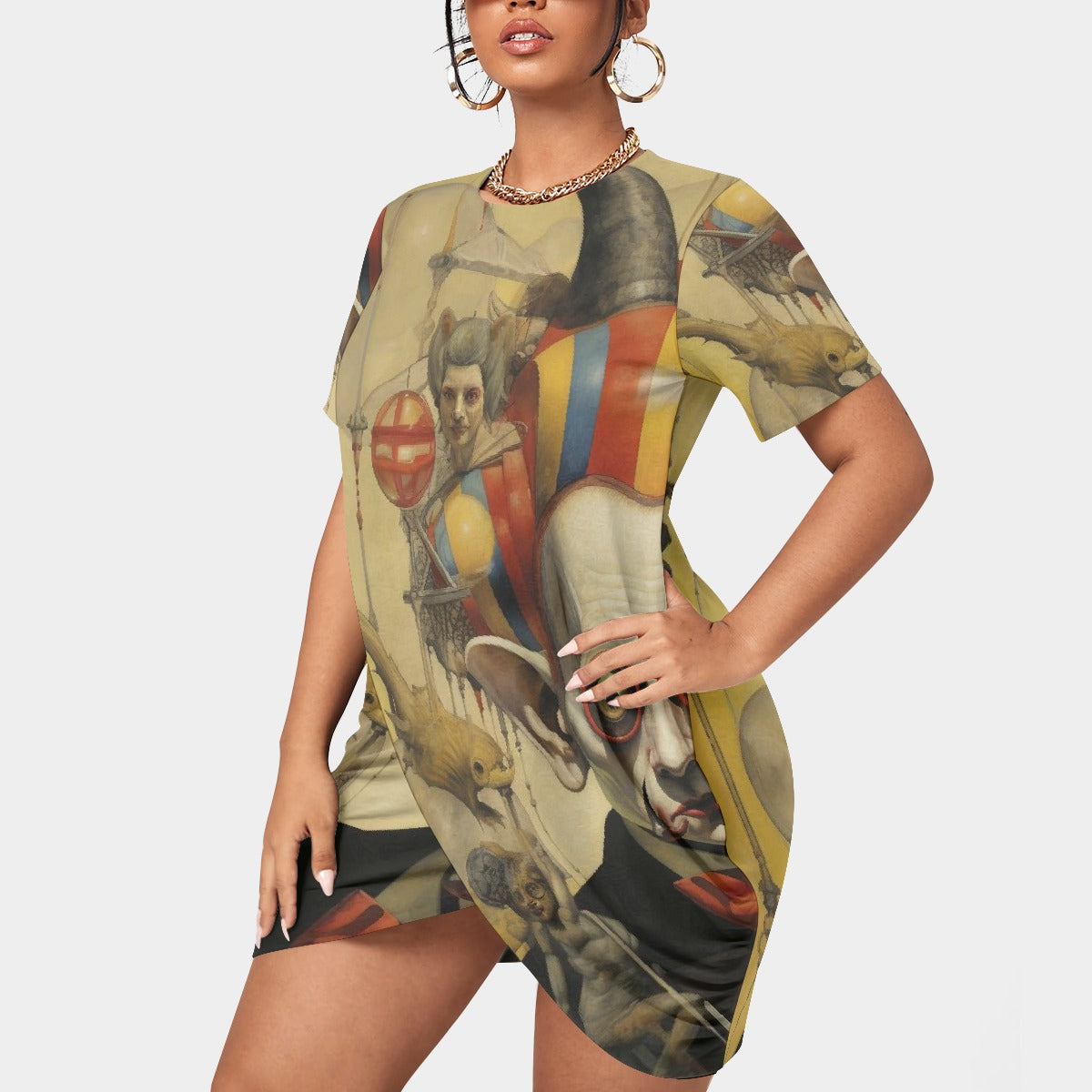 All-Over Print Women’s Stacked Hem Dress With Short Sleeve（Plus Size）