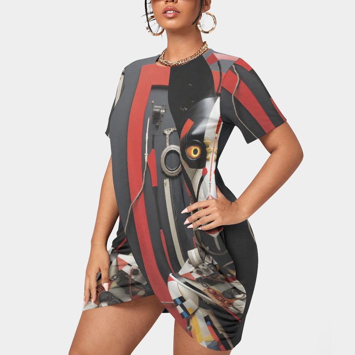 All-Over Print Women’s Stacked Hem Dress With Short Sleeve（Plus Size）