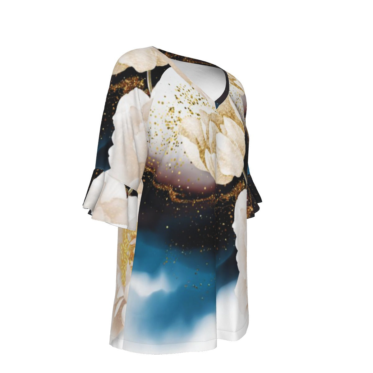 All-Over Print V-neck Women's T-shirt With Bell Sleeve