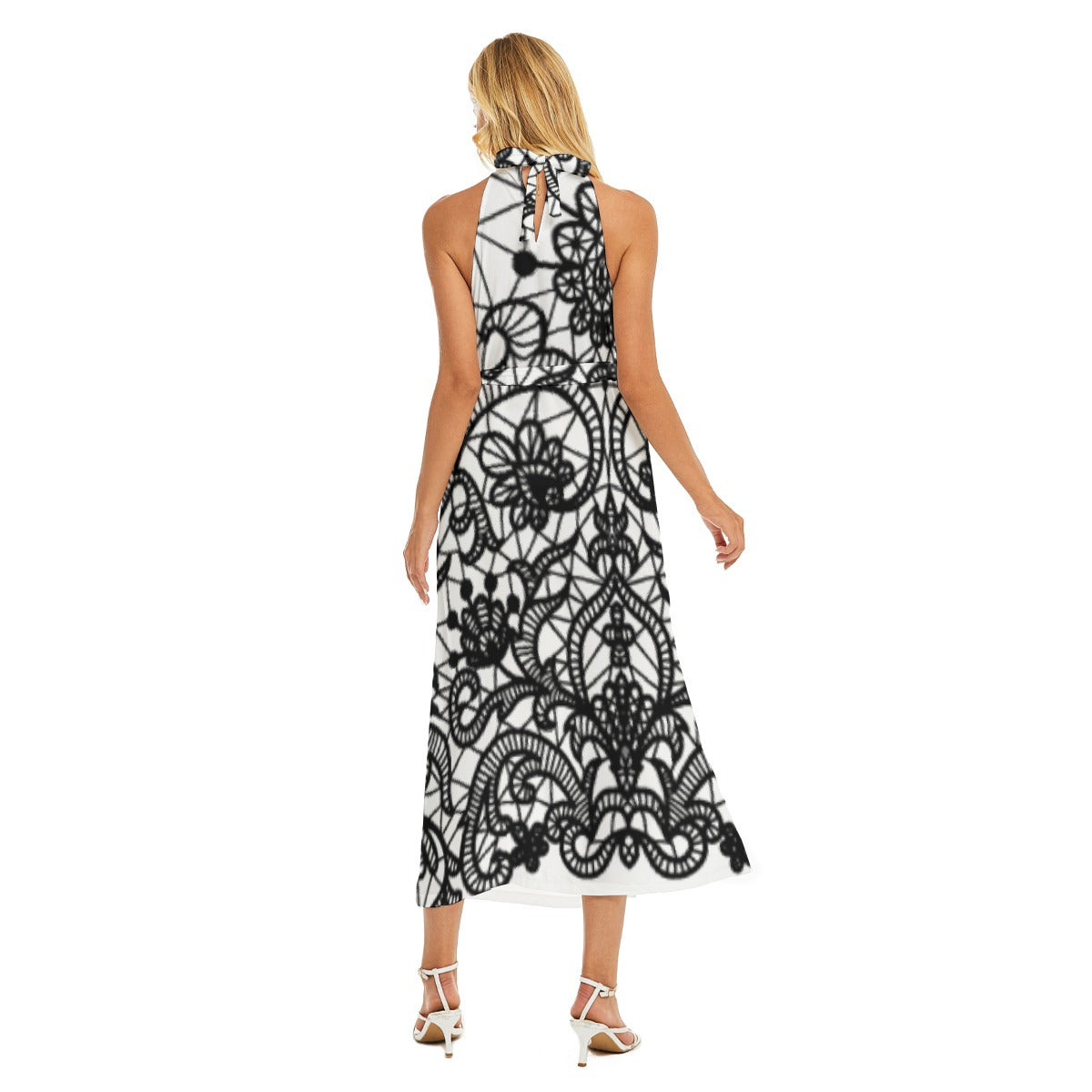 All-Over Print Women's Wrap Hem Belted Halter Dress