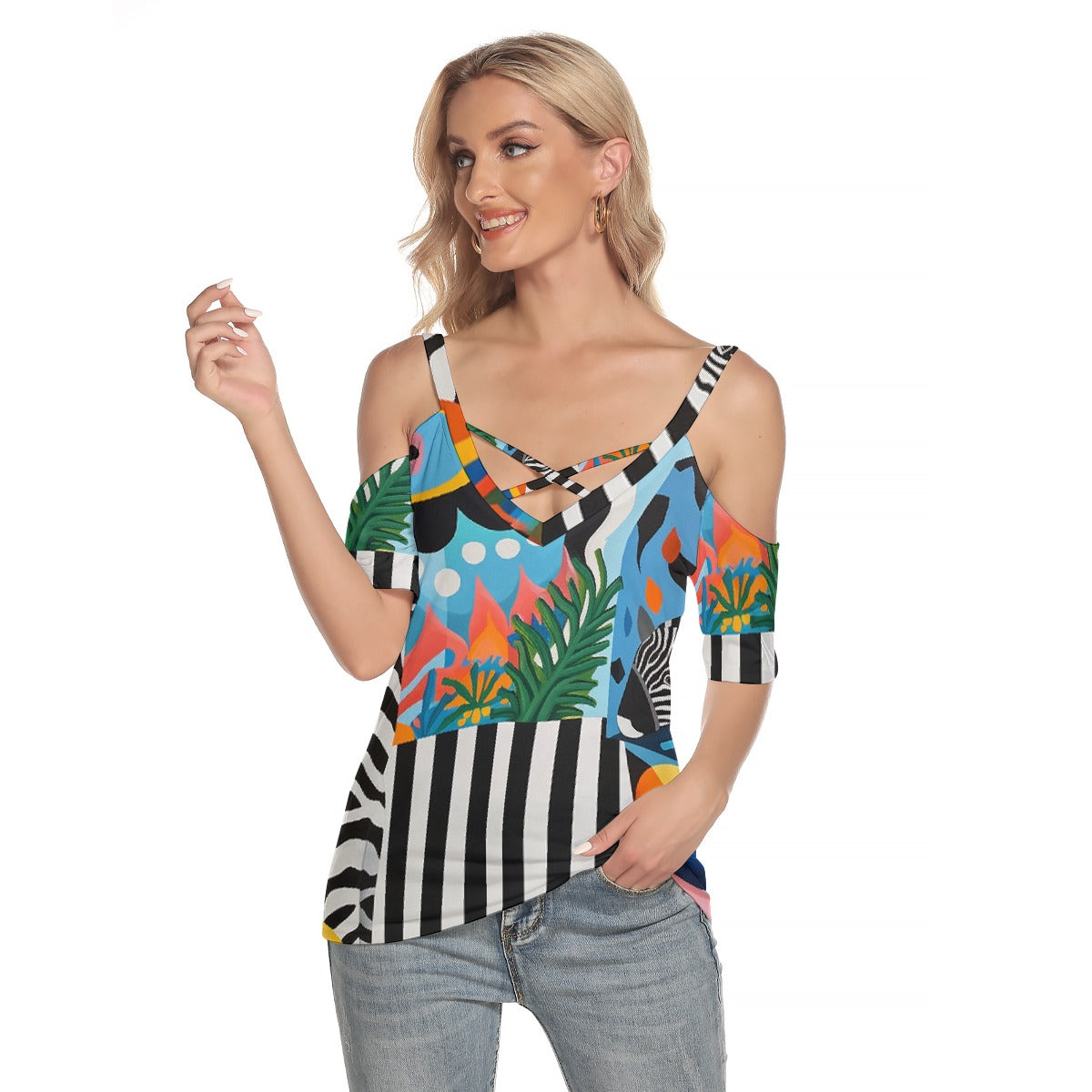 All-Over Print Women's Cold Shoulder T-shirt With Criss Cross Strips