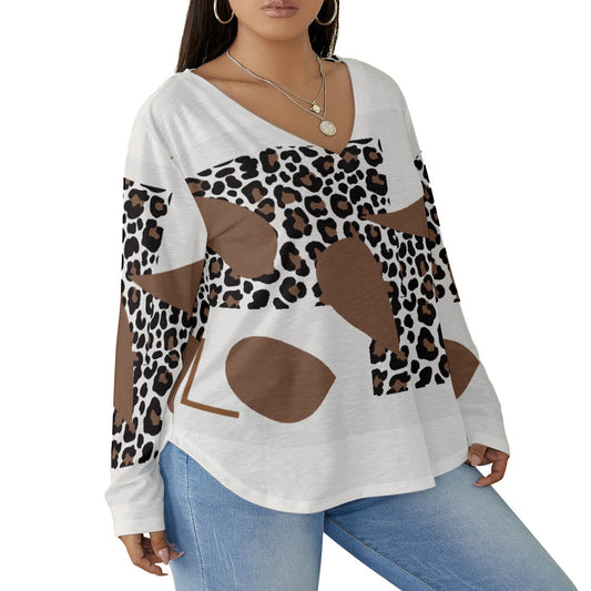 All-Over Print Women's V-neck T-shirt With Curved Hem(Plus Size)