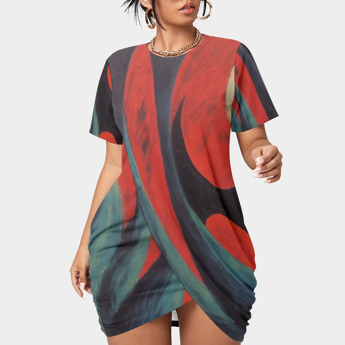 All-Over Print Women’s Stacked Hem Dress With Short Sleeve（Plus Size）