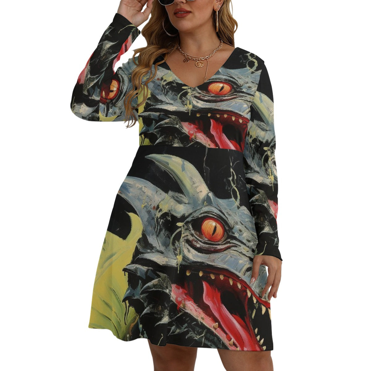 All-Over Print Women's V-neck Long Sleeve Dress(Plus Size)