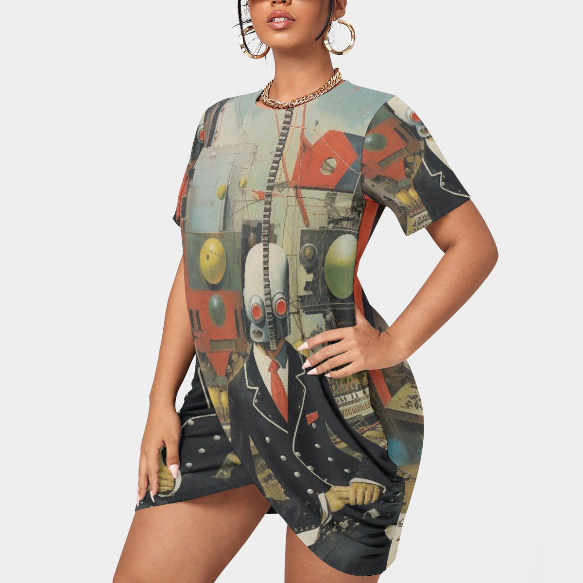 All-Over Print Women’s Stacked Hem Dress With Short Sleeve（Plus Size）