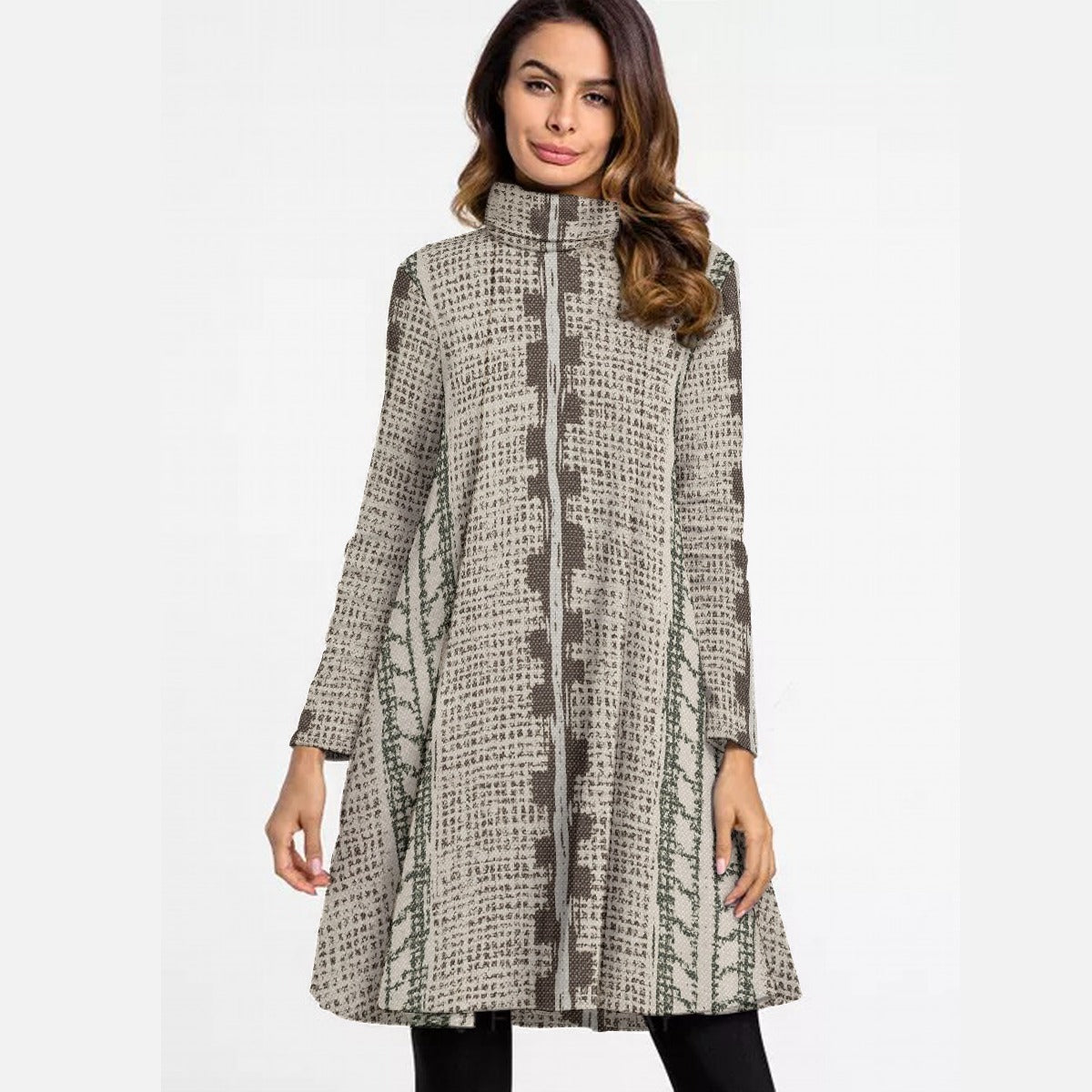 All-Over Print Women's High Neck Dress With Long Sleeve