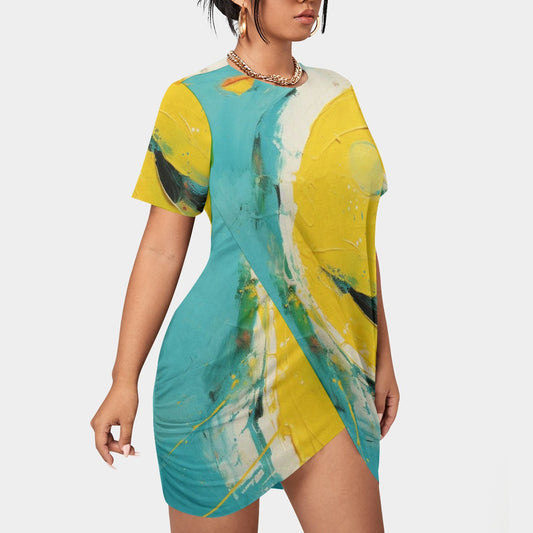 All-Over Print Women’s Stacked Hem Dress With Short Sleeve（Plus Size）