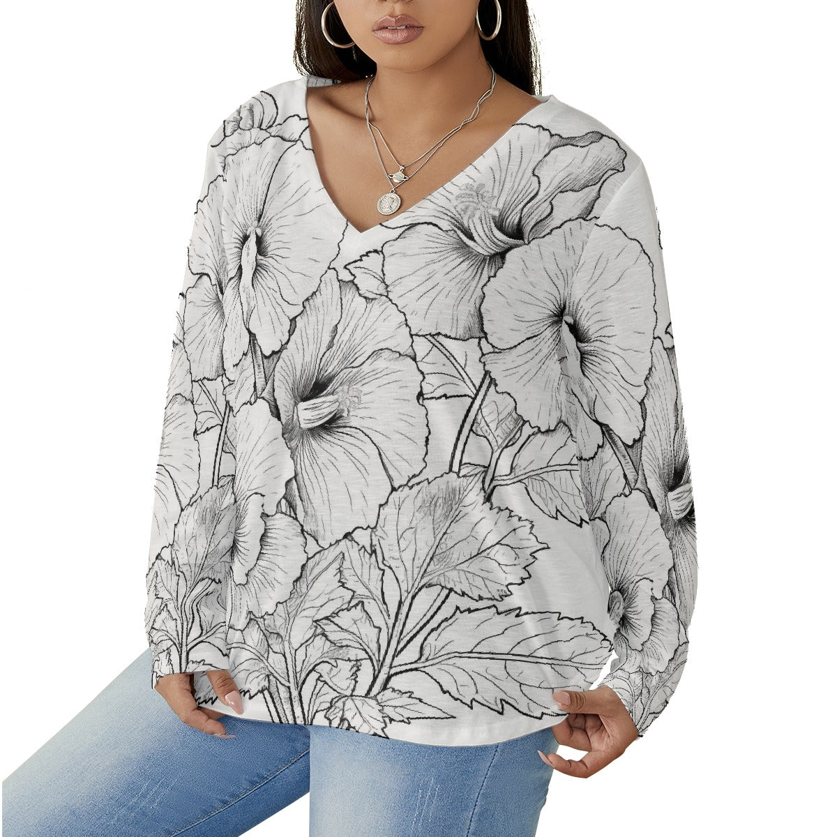 All-Over Print Women's V-neck T-shirt With Curved Hem(Plus Size)