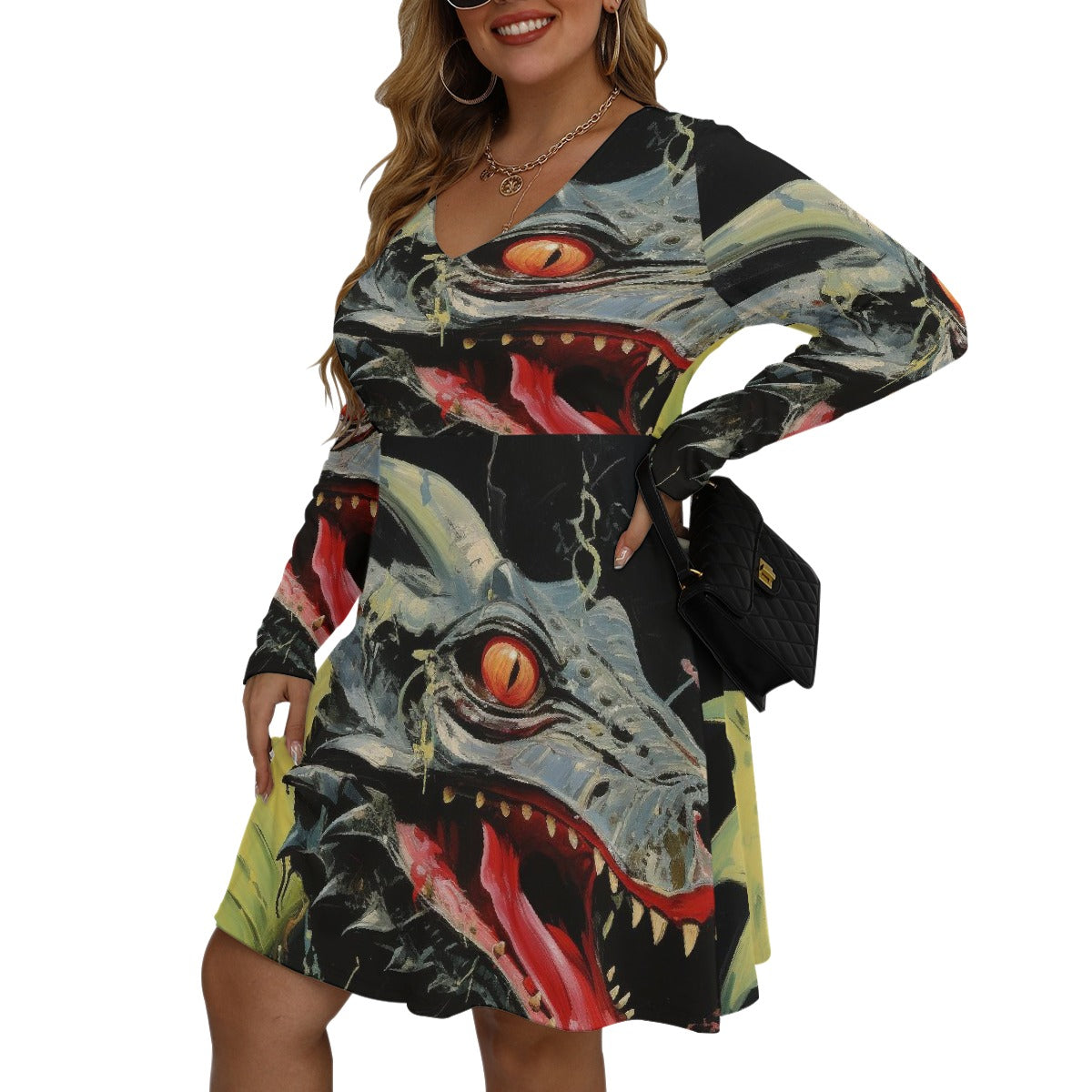 All-Over Print Women's V-neck Long Sleeve Dress(Plus Size)